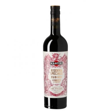 Botella de vino tinto con etiqueta decorativa y tapa negra.