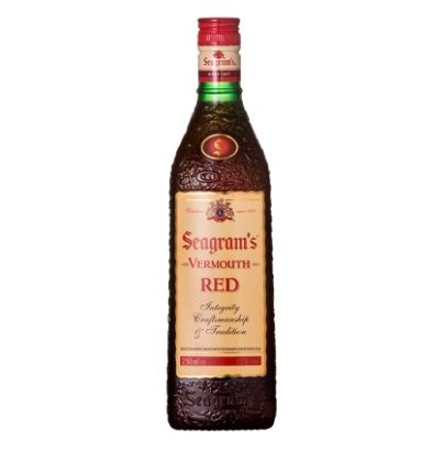 Botella de licor de color rojo con etiqueta dorada y verde, marca St-Germain.