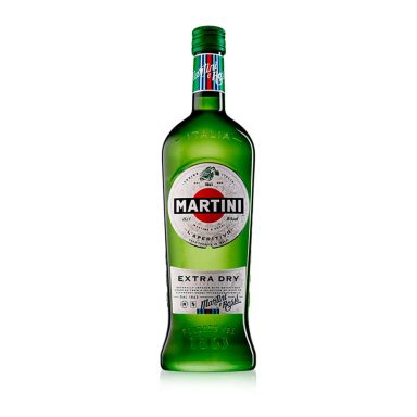 Botella de vermut Martini Extra Dry de color verde y etiqueta distintiva.