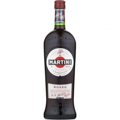 Botella de vermut Martini Rosso con etiqueta distintiva y tapa roja.